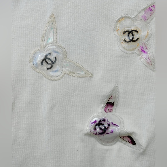 CHANEL Multicolor Camelia Flower Top  White Cotton Shirt 42 6 8 Small Medium EUC - Picture 7 of 16